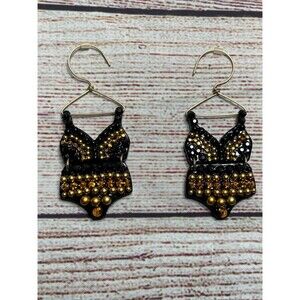 Black Bikini Lingerie Bra Panty Statement Earrings with Gold & Black Rhinestones